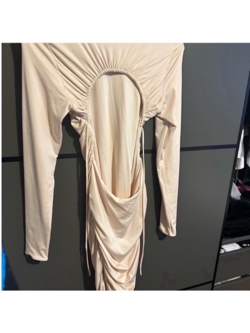 Ohpolly Ruched Open-Back Long Sleeve Dress in Nude